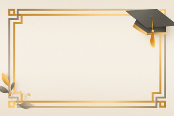 Art Deco Gold and Silver Border with Graduation Cap on Cream Background, Elegant Minimalist Design Featuring Central Text Space for High-End Academic Branding.