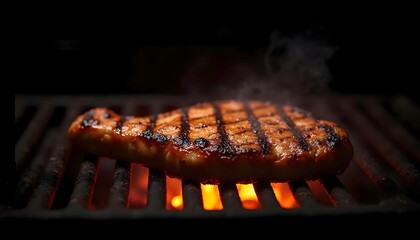Close-up of juicy grilled steak with grill marks and flame, ideal for barbecue, cooking, and food themes