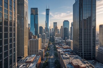 Obraz premium Dramatic Street-Level View of Skyscrapers Reshaping Urban Landscapes in a Dynamic Downtown City View