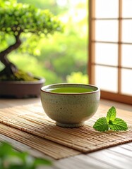 A beautifully arranged bowl of green tea infusing aromatic fragrance and flavor, perfectly capturing the essence of tradition and serenity in every sip