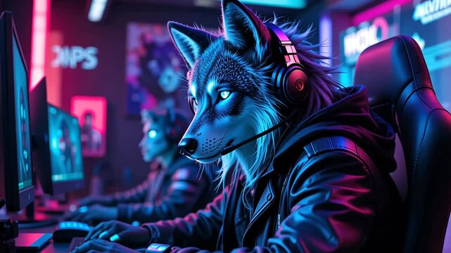 Furry blue anthropomorphic wolf wearing headphones and hoodie sitting in neon-lit gaming room. Concept of fantasy and gamer culture