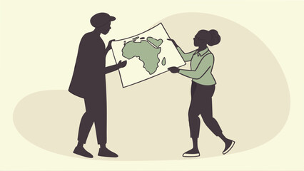 Two people holding a map of africa collaboration and teamwork concept