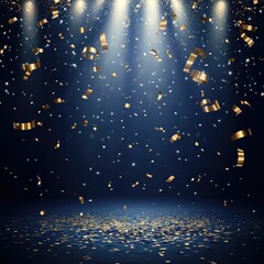 Golden confetti falls under bright spotlights on a dark blue stage