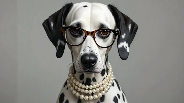 Dalmatian dog with eyeglasses and pearl necklace on gray background. Concept of humorous pet fashion