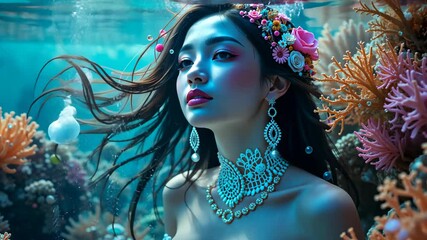 Beautiful asian woman in floral crown and ornate jewelry underwater with teal light and hair flowing. Concept of underwater elegance and femininity - Powered by Adobe