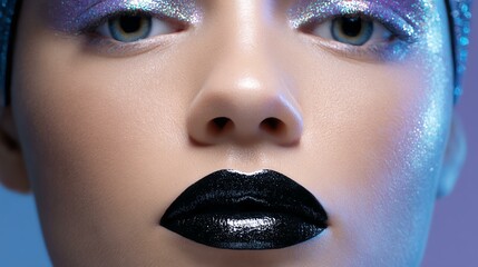 Bold makeup campaign for beauty brand promotions Close-up portrait of a model showcasing bold makeup with striking black lips and shimmering eye makeup.