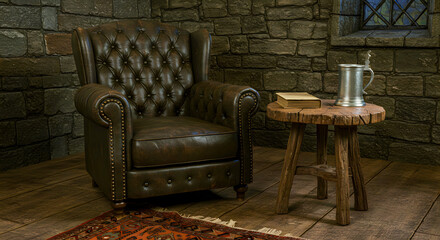 Cozy Medieval Study Interior: Leather Armchair, Wooden Table with Book and Tankard near Window with Stone Walls - A Scene of Quiet Relaxation and Historical Charm