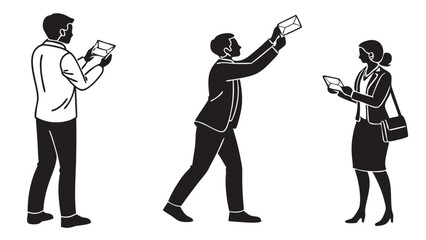 Business communication mail delivery people sending and receiving envelopes black and white illustration