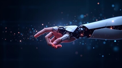 Robotic Hand Reaching: A close-up shot of a futuristic robotic hand extending its finger, seemingly reaching towards something unseen against a dark blue background. The hand is sleek and white.