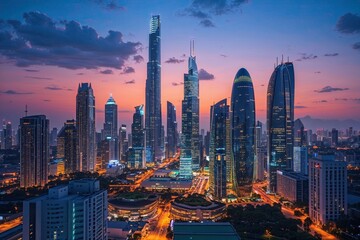 Obraz premium Evening Skyline of a Corporate Cityscape with Sustainable Designs and Glowing Lights