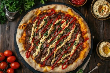 Overhead shot of a large, round pizza topped with meat, a creamy sauce, and a red sauce; accompanied by hummus and cherry tomatoes