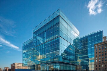 Innovative Urban Office Architecture with Multi-Faceted Glass Layers Against a Striking Blue Sky