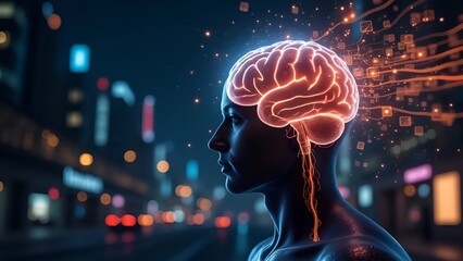 Thinking the City: A detailed display of the human brain in glowing orange hues, radiating with thought and knowledge against a bustling city landscape background.