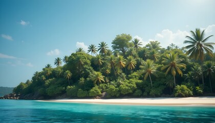 Island Beach with Trees and Turquoise Ocean in Summer Paradise