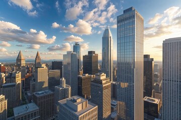 Fototapeta premium Skyscraper Architectural Beauty: A Dynamic City Life Perspective of the Downtown Business District