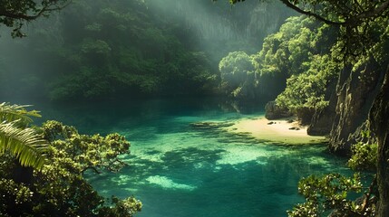 Hidden beach lagoon with lush vegetation