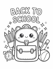 Cute School Supplies Backpack Notebook Pencils, Back to School  Coloring Page