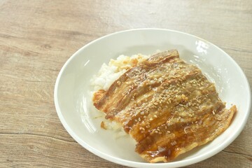 slice grilled salt fat pork with teriyaki sauce dressing white sesame topping Japanese rice on plate