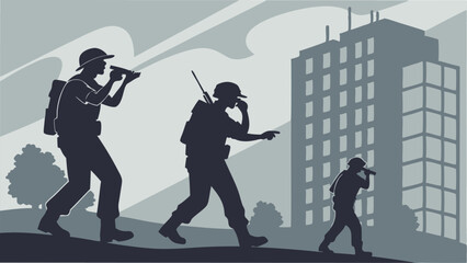 Armed forces soldiers patrolling in urban landscape with building silhouette illustration