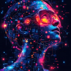 Artistic digital depiction of a cybernetic human head and face in a high resolution image