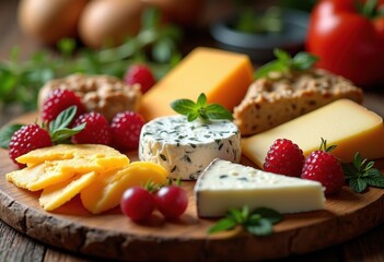 assorted sliced cheese varieties rustic wooden board gourmet snack platter artisan presentation, cheddar, swiss, brie, camembert, appetizer, variety, food