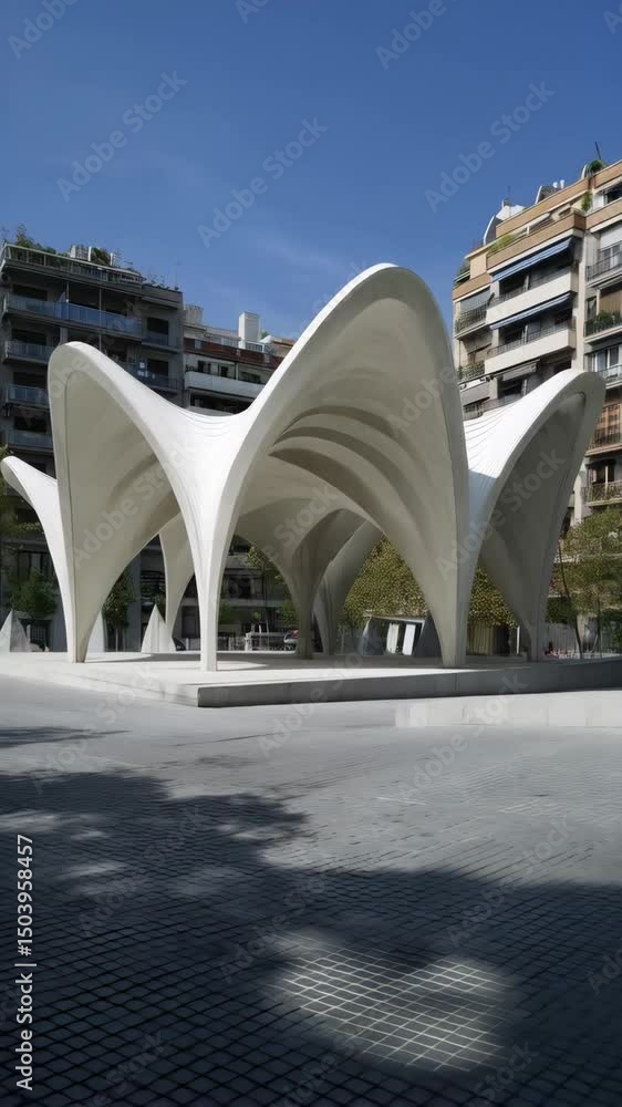 Poster striking contemporary white concrete structure in urban landscape with repeating arching forms and c