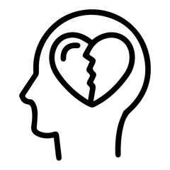Human head in profile, containing a distinct broken heart (outline style). Depicts emotional pain, heartbreak, and mental distress, symbolizing profound sadness, loss, and internal suffering