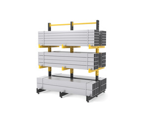 modern office building. industrial cantilever rack, metal storage system, square steel pipes, warehouse racking, construction material, shelving solution, 3d render, isolated