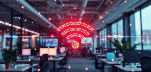 Abstract glowing wifi signal mesh network over modern office interior,  modern,  office