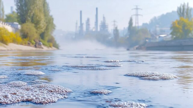 River Pollution: A stark reminder of the environmental impact, with polluted river in an industrial area.  The scene evokes concern and the need for environmental consciousness.