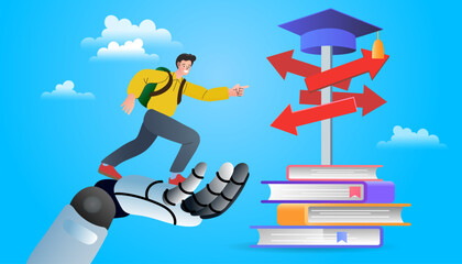 Obraz premium Students use Artificial intelligence to teach . Modern Education, Online Training and Course, Audio Tutorial, Distance Education, Ebook and Students E-learning, Online Education at Home. Vector