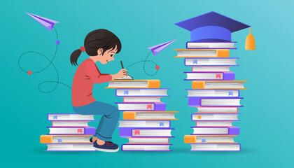 An inspiring illustration of an educational journey. A diligent girl studies on a stack of books, working hard to achieve her dream of graduation and a successful future.