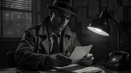 Black and white video still of a detective in a trench coat reading papers at a desk, shot from a low angle, creating a noir atmosphere. - Powered by Adobe