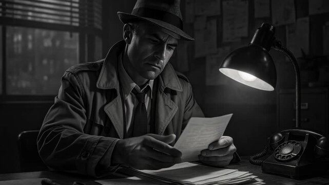 Black and white video still of a detective in a trench coat reading papers at a desk, shot from a low angle, creating a noir atmosphere.