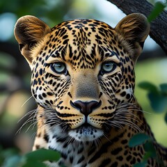 Obraz premium Close-up portrait of a leopard, intense gaze