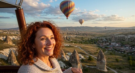 Smiling redhead woman admires cappadocia while floating above scenic valleys during sunrise