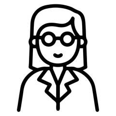 Female figure wearing glasses and a lab coat (outline style), embodying professionalism and intellectual pursuit. Represents a female scientist, researcher, or educator, symbolizing expertise