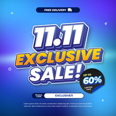 11.11 Exclusive Shopping Sale discount deals with Dynamic mix Blue cyan Purple gradient Editable text memphis style Promotion marketing banner