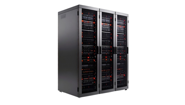 Server towers with red lights isolated on solid white background