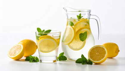 Refreshing Lemon Mint Water in Glass Pitcher and Cup &ndash; Citrus Infused Beverage on White Background