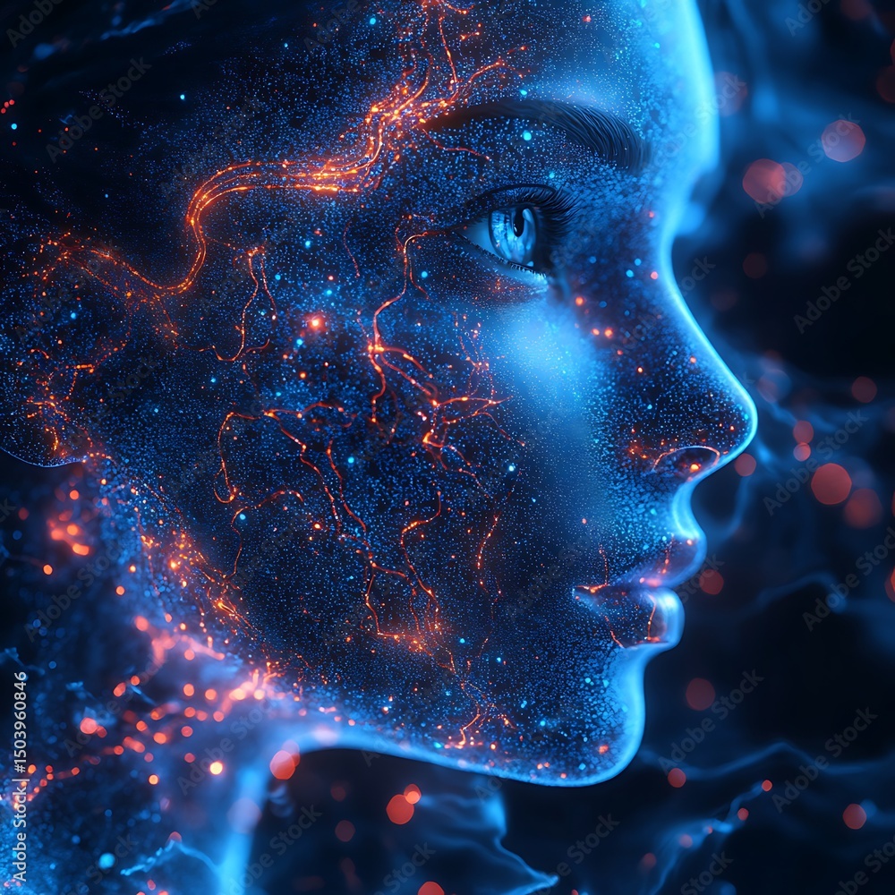 Poster beautiful woman's profile glows with digital energy and particle effects in a high resolution image.