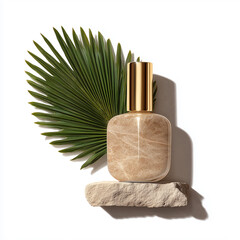 Luxurious Perfume Bottle with Palm Leaf on Stone