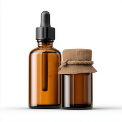 Amber Glass Bottles with Dropper and Linen Lid - Mockup for Essential Oils or Cosmetics