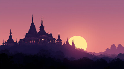 Wan Asanha Bucha, Buddhist temple with sunset in the background