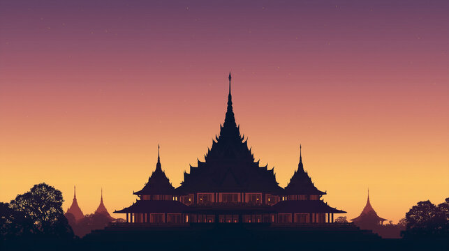 Wan Asanha Bucha, Buddhist temple with sunset in the background