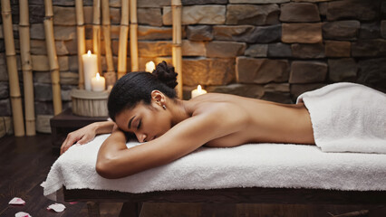 Spa scene showing a woman receiving a relaxing massage in a tranquil setting. Soft ambient lighting, candles, warm towel, essential oils nearby. The room is decorated with natural elements.