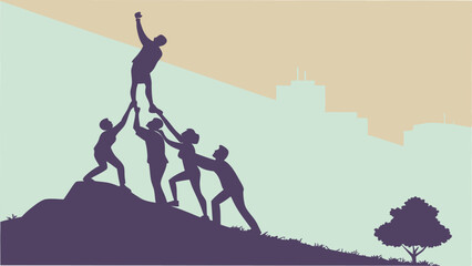 Teamwork and support leading to success silhouette illustration in a flat design