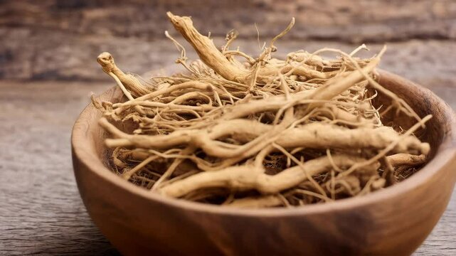 Close-up of dried ginseng roots in wooden bowl showing textured rootlets and natural color on textured wooden table backdrop