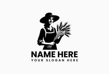 Cheerful woman farmer with armful of golden wheat vector logo. Farm-to-table harvest concept  