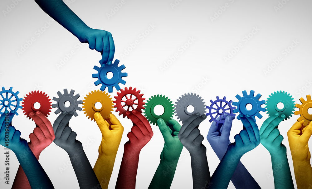 Poster business guidance support and team training concept connecting unity or teamwork idea as a success m